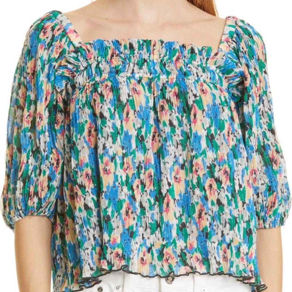 Ganni Floral Print Plisse Smock Georgette Top